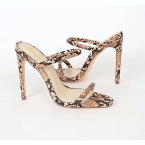 NEW Size 8 Lulus Theyaa Tan Faux Snake Embossed Square Toe High Heel Sandals